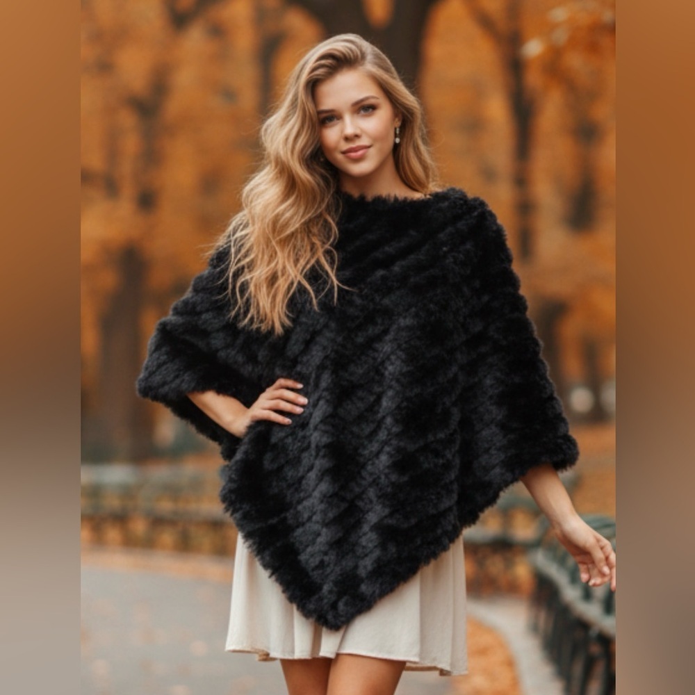 Studio Luxurious Dark Rabbit Fur Shawl Poncho